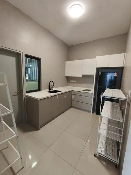 Kitchen features: white shaker cabinets, grey laminate countertop, single-bowl stainless-steel sink, chrome pull-down faucet, built-in oven, stainless-steel fridge, ceramic tile flooring, recessed downlights, window with black frame, open shelving unit, wall-mounted storage rack; style: modern.