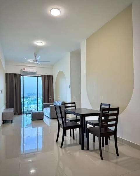 Living features: white painted walls, glossy tile flooring, 5-blade ceiling fan with light, floor-to-ceiling windows, sliding glass door, sheer curtains, sofa in light grey, dining table with 4 chairs, decorative wall arch, air conditioning unit, area rug; style: modern; view: city.