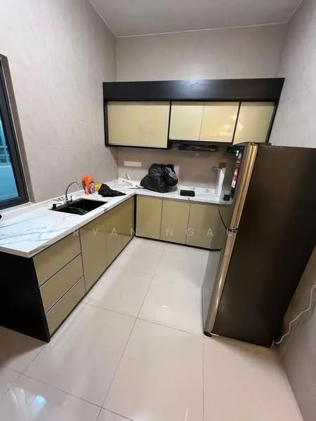 Kitchen features: L-shaped kitchen layout, white marble countertop, cream laminate cabinetry, stainless-steel fridge, single-bowl stainless-steel sink, chrome pull-down faucet, ceramic tile flooring, grey painted walls, wall-mounted upper cabinets, black lower cabinets, window with view, kitchen appliances on countertop; style: modern.