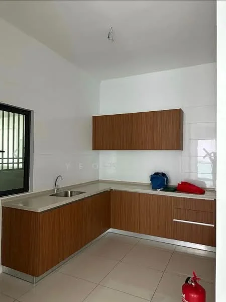 Kitchen features: L-shaped kitchen layout, wooden cabinetry with brown finish, stainless-steel countertop, single-bowl stainless-steel sink, chrome faucet, white tiled walls, cream ceramic tile flooring, under-cabinet lighting, fire extinguisher, blue and red towels; style: modern.