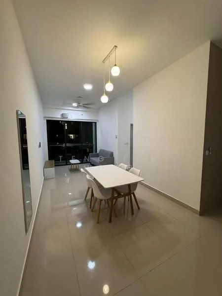 Dining features: white dining table, 4 white dining chairs, pendant lighting with three bulbs, grey sofa, floor-to-ceiling windows, light grey walls, glossy ceramic tile flooring, ceiling fan, mirror on wall; style: modern.