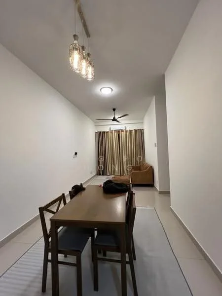 Dining features: wood dining table, 4 wooden dining chairs, pendant lighting with glass shades, ceiling fan, white walls, light-colored tiled flooring, curtains with a neutral color, sofa in the background; style: modern.
