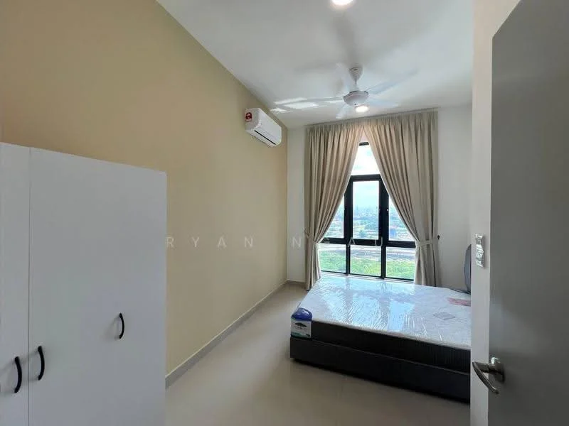 Bedroom features: king-size bed, upholstered headboard, 2 bedside lamps, floor-to-ceiling window, curtains, 1 wall-mounted split AC, light-colored painted walls, grey tiled flooring, built-in wardrobe with white finish, ceiling fan with light; style: modern; view: city.