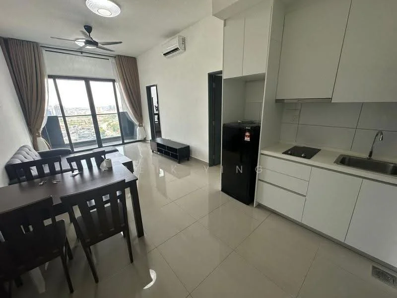 Living features: 5-blade ceiling fan with light, floor-to-ceiling windows, grey fabric sofa, wooden dining table, 4 wooden dining chairs, black TV console, white cabinetry, stainless-steel sink, black fridge, white tiled backsplash, white quartz countertop, cream painted walls, glossy tile flooring, air conditioning unit; style: modern; view: city.