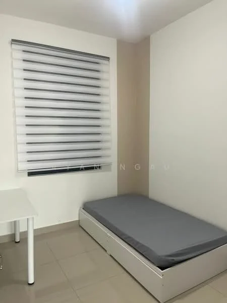 Bedroom features: single bed with grey mattress, white walls, cream accent wall, tile flooring, roller blinds, desk with white legs, minimalist decor; style: modern.