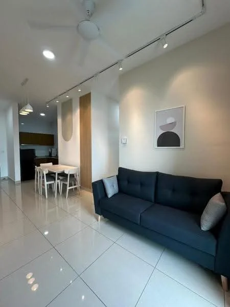 Living features: 3-seater fabric sofa in dark blue, white wall, recessed downlights, ceiling fan, glossy tile flooring, framed artwork on wall, dining table with 4 chairs, open layout to kitchen, wooden accent wall; style: modern.
