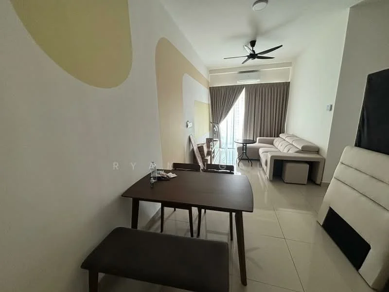 Living features: cream painted walls, light grey accent wall, floor-to-ceiling windows, sliding glass door, curtains, 5-blade ceiling fan, 2-seater fabric sofa in beige, wooden dining table, 2 wooden dining chairs, tile flooring, decorative wall design; style: modern; view: city.