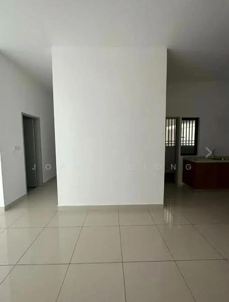 Room features: white painted walls, glossy ceramic tile flooring, open layout, natural light from windows, neutral color scheme, high ceiling, doorway leading to another room, visible kitchen area in background; style: modern.