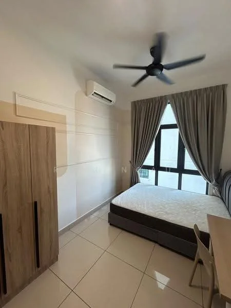 Bedroom features: queen-size bed, upholstered headboard, wooden wardrobe, study desk, chair, floor-to-ceiling window, curtains, wall-mounted split AC, ceiling fan with light, tile flooring, white painted walls; style: modern.