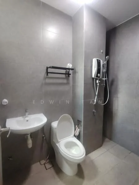 Bathroom features: grey tiled walls, grey tiled flooring, wall-mounted shower with handheld showerhead, toilet with soft-close lid, sink with wall-mounted faucet, towel rack, shower screen, built-in soap holder; style: modern.