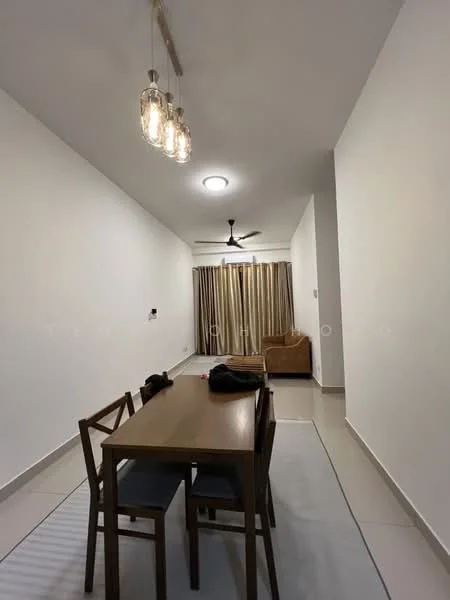 Dining features: wooden dining table, 4 dining chairs, pendant light fixture, 5-blade ceiling fan, white painted walls, tile flooring, area rug, curtains, sofa in background; style: modern.