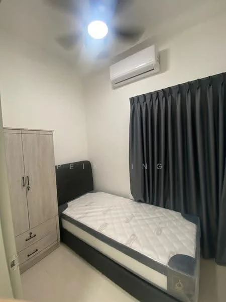 Bedroom features: single bed, upholstered headboard, built-in wardrobe with drawers, grey curtains, wall-mounted split AC, ceiling light, white painted walls, tile flooring; style: modern.