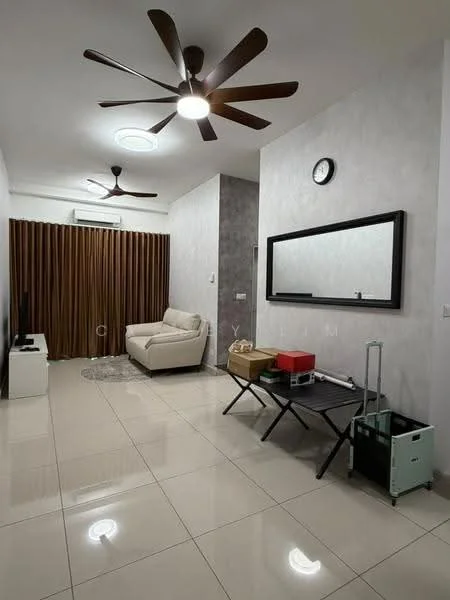 Living features: cream painted walls, grey accent wall, glossy tile flooring, 5-blade ceiling fan with light, recessed ceiling lights, wall-mounted mirror, wall clock, sofa in cream fabric, coffee table, side table, blackout curtains; style: modern.