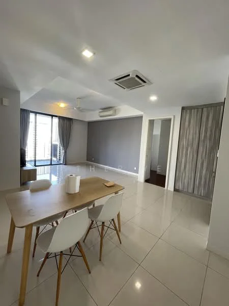 Dining features: dining table with wooden surface, 4 white dining chairs, large floor-to-ceiling windows, grey painted walls, recessed ceiling lights, wall-mounted split AC, ceramic tile flooring, curtains, open layout to living area, neutral color palette; style: modern; view: city. Living features: sofa area visible, TV console, wall-mounted TV, light grey accent wall, air conditioning unit, sliding door to balcony, decorative wall paneling; style: modern; view: city. Room features: doorway leading to another room, neutral color palette, minimalist decor.