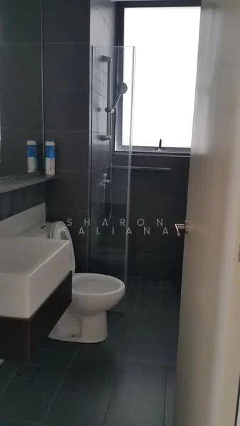 Bathroom features: glass shower enclosure, rain shower head, wall-mounted faucet, white toilet, single-sink vanity with wood cabinet, dark grey wall tiles, dark grey floor tiles, mirror above vanity, window for natural light; style: modern.