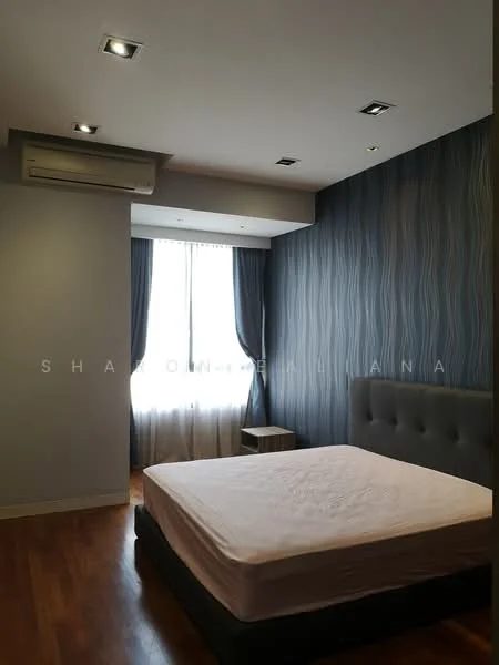 Bedroom features: wooden flooring, grey accent wall, white painted walls, floor-to-ceiling window, sheer curtains, 1 wall-mounted split AC, recessed downlights, upholstered headboard, nightstand; style: modern.