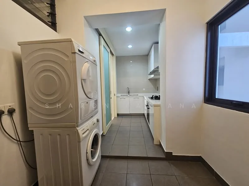 Laundry features: front-load washing machine, tumble dryer, white cabinetry, grey tiled flooring, white walls, recessed downlights, sliding glass door, window with black frame; style: modern. Kitchen features: white cabinetry, stainless-steel sink, chrome pull-down faucet, built-in oven, freestanding range oven, grey tiled flooring, recessed downlights, window with black frame; style: modern.