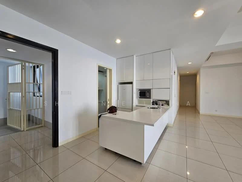 Kitchen features: white cabinetry, island countertop, stainless-steel fridge, built-in microwave, ceramic tile flooring, recessed downlights, open layout, neutral wall color, modern design; style: modern. Room features: white walls, tile flooring, doorway to hallway, natural light, open space.