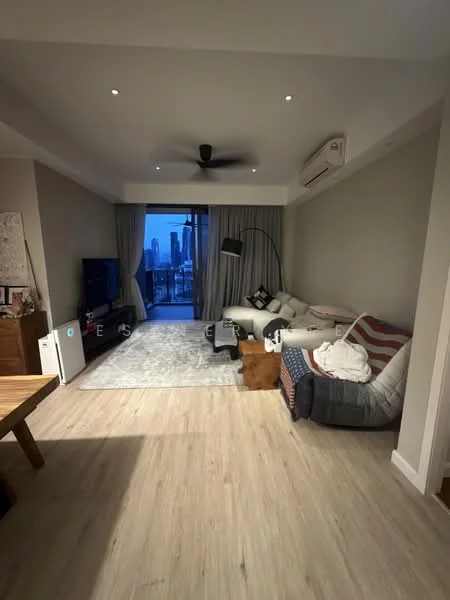 Living features: light wood flooring, grey painted walls, 5-blade ceiling fan with light, recessed downlights, sofa in light fabric, armchair with ottoman, coffee table, TV console, wall-mounted TV, curtains, floor-to-ceiling windows, city skyline view; style: modern; view: city.