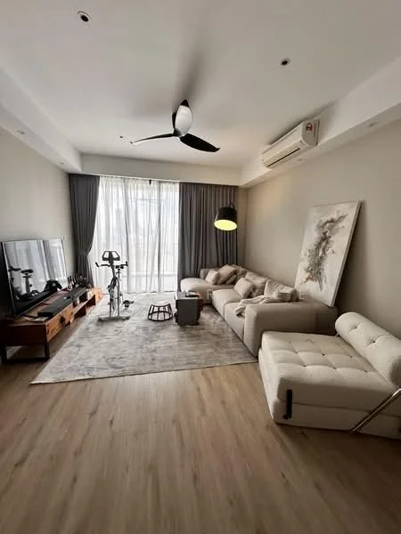 Living features: 3-seater fabric sofa in light beige, 2-seater fabric sofa in white, coffee table, TV console, wall-mounted TV, area rug with neutral tones, ceiling fan with light, recessed downlights, large floor-to-ceiling windows, curtains in grey, exercise bike, decorative artwork on wall, wooden flooring; style: modern; view: city.