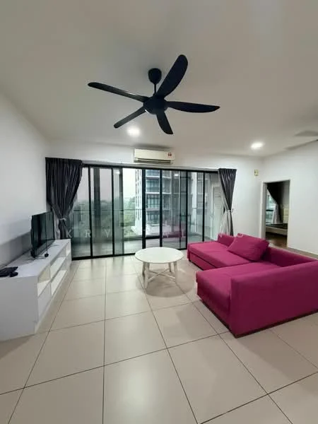 Living features: pink L-shape sectional sofa, white round coffee table, wall-mounted TV, TV console in white, floor-to-ceiling glass sliding doors, black ceiling fan with 5 blades, curtains in dark grey, cream tiled flooring, air conditioning unit on wall, decorative wall art; style: modern; view: city.
