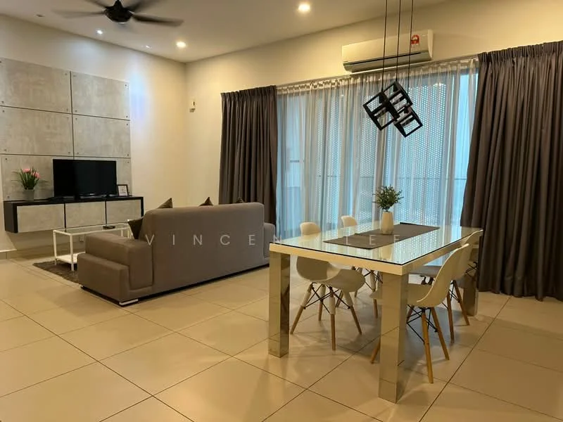 Living features: 3-seater fabric sofa in grey, coffee table, wall-mounted TV, TV console, area rug, floor-to-ceiling windows, sheer curtains, blackout curtains, ceiling fan, decorative plant, dining table with 6 chairs, light fixture with geometric design; style: modern.