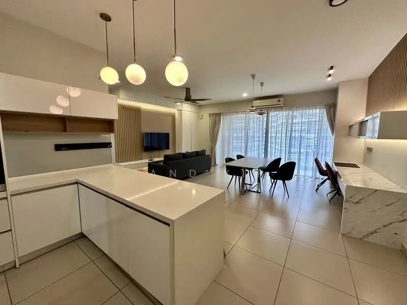 Kitchen features: white quartz countertop, kitchen island, built-in cabinetry, stainless-steel sink, chrome pull-down faucet, open shelving, recessed downlights; style: modern. Living features: 3-seater fabric sofa in grey, coffee table, wall-mounted TV, dining table with chairs, floor-to-ceiling windows, curtains, ceiling fan with light, decorative wall paneling; style: modern.