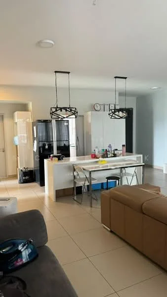 Kitchen features: white cabinetry, black refrigerator, built-in oven, 4-burner gas hob, white countertop, pendant lighting, dining table with chairs, tile flooring, open layout, kitchen island, sink, microwave; style: modern. Living features: 3-seater fabric sofa in beige, coffee table, area rug, wall-mounted clock, floor-to-ceiling windows, light-colored walls; style: modern.