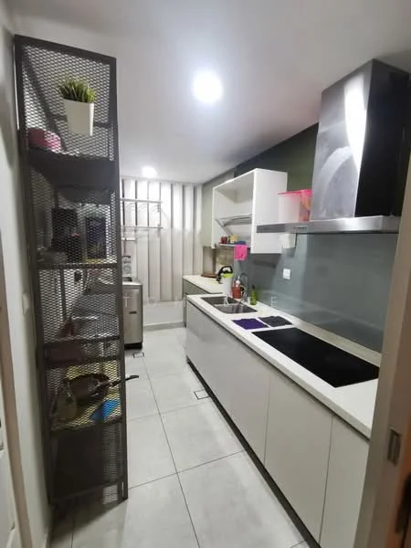 Kitchen features: white cabinetry with flat-panel doors, grey quartz countertop, double-bowl stainless-steel sink, chrome pull-down faucet, built-in oven, freestanding range oven, stainless-steel range hood, ceramic tile flooring, recessed LED downlights, open shelving unit with metal frame, wall-mounted storage rack, window with sheer curtains; style: modern.