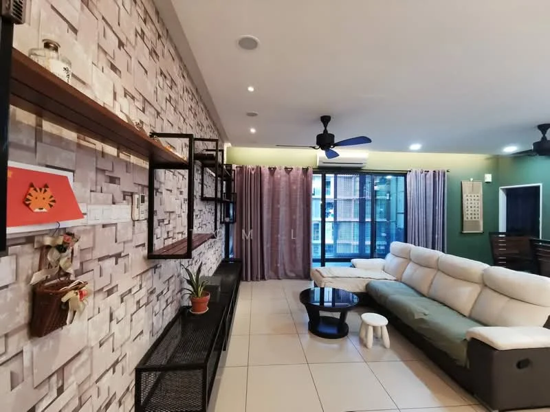 Living features: light grey sectional sofa, black coffee table, wall-mounted TV, black metal shelving unit, decorative wall art, textured feature wall with stone cladding, cream tiled flooring, ceiling fan with light, curtains in purple, potted plant on shelf, recessed lighting, open layout; style: modern.