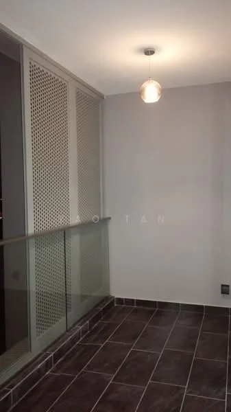 Room features: grey painted walls, glass railing, pendant light, dark tiled flooring, perforated metal paneling, corner space, natural light from window; style: modern.