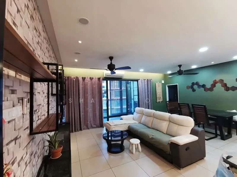 Living features: 3-seater fabric sofa in white, coffee table, wall-mounted TV, feature wall with stone cladding, ceiling fan with light, recessed downlights, sliding glass door, floor-to-ceiling windows, curtains in purple, decorative wall art, potted plant, tile flooring; style: modern; view: garden.