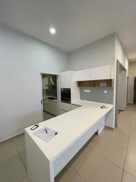 Kitchen features: white laminate cabinetry, white quartz countertop, built-in oven, stainless-steel range hood, 4-burner gas hob, single-bowl stainless-steel sink, modern faucet, tile flooring, recessed downlights, open shelving, kitchen island, wall-mounted cabinets; style: modern.