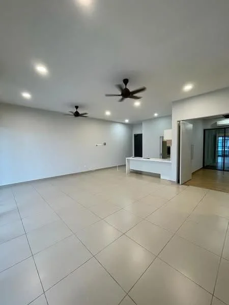 Living features: white painted walls, tile flooring, 5-blade ceiling fan with light, 2 ceiling fans, open layout, recessed downlights, kitchen island, large windows, neutral color scheme, spacious area; style: modern.