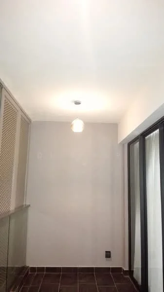 Room features: white painted walls, dark tiled flooring, ceiling light fixture, floor-to-ceiling windows, glass railing; style: modern.