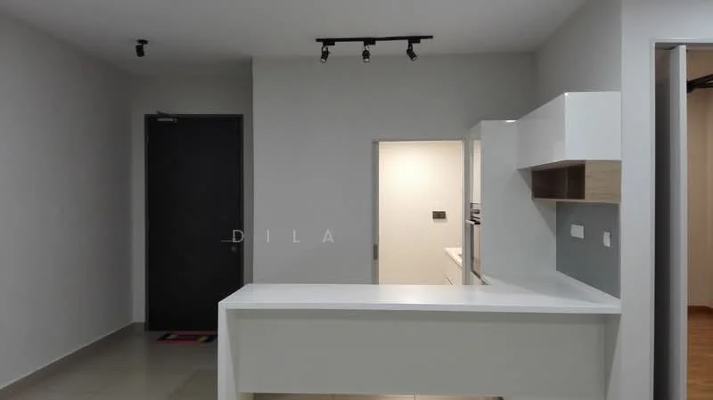Kitchen features: white cabinetry, grey backsplash, stainless-steel appliances, single-bowl stainless-steel sink, chrome pull-down faucet, countertop with overhang, track lighting, tile flooring; style: modern. Room features: light grey painted walls, doorway leading to another room, black door, open layout.