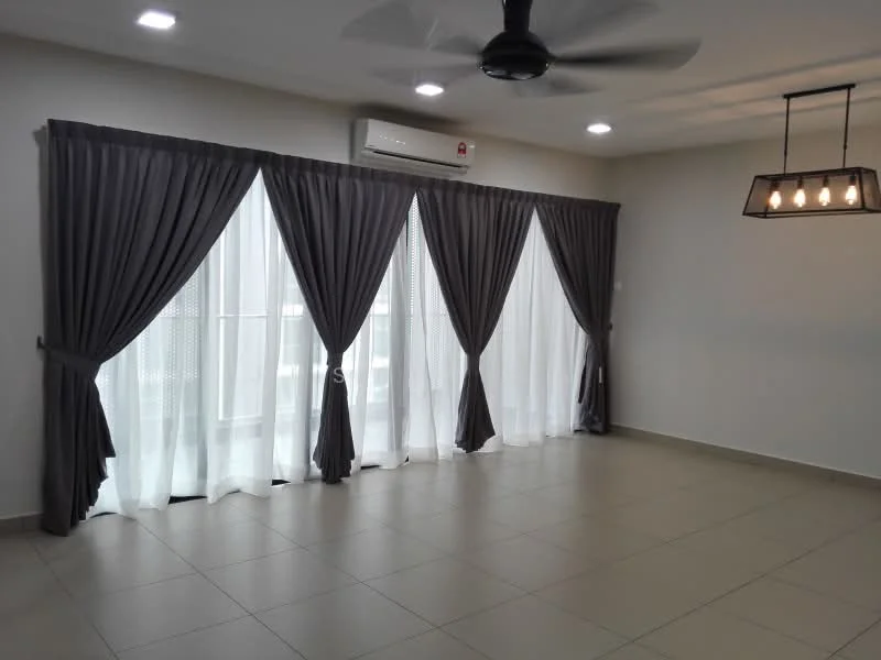 Living features: grey curtains, white sheer curtains, ceiling fan, recessed LED downlights, hanging pendant light, tile flooring, air conditioning unit, large windows; style: modern.
