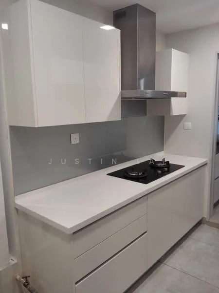 Kitchen features: white glossy cabinetry, stainless-steel range hood, black gas hob, white solid surface countertop, glass backsplash, under-cabinet lighting, grey tile flooring, built-in oven, single-bowl stainless-steel sink; style: modern.