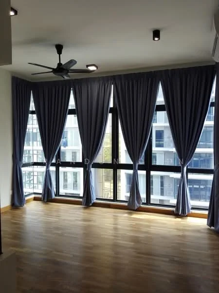 Living features: wooden flooring, floor-to-ceiling windows, blue curtains, 5-blade ceiling fan, recessed LED downlights, neutral wall color, open layout, city view; style: modern; view: city.