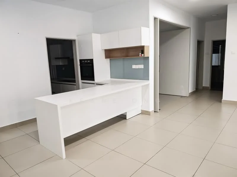 Kitchen features: white cabinetry, kitchen island with seating, built-in oven, built-in microwave, white countertops, ceramic tile flooring, neutral wall color, open layout, recessed lighting; style: modern. Room features: neutral wall color, ceramic tile flooring, doorway leading to hallway.