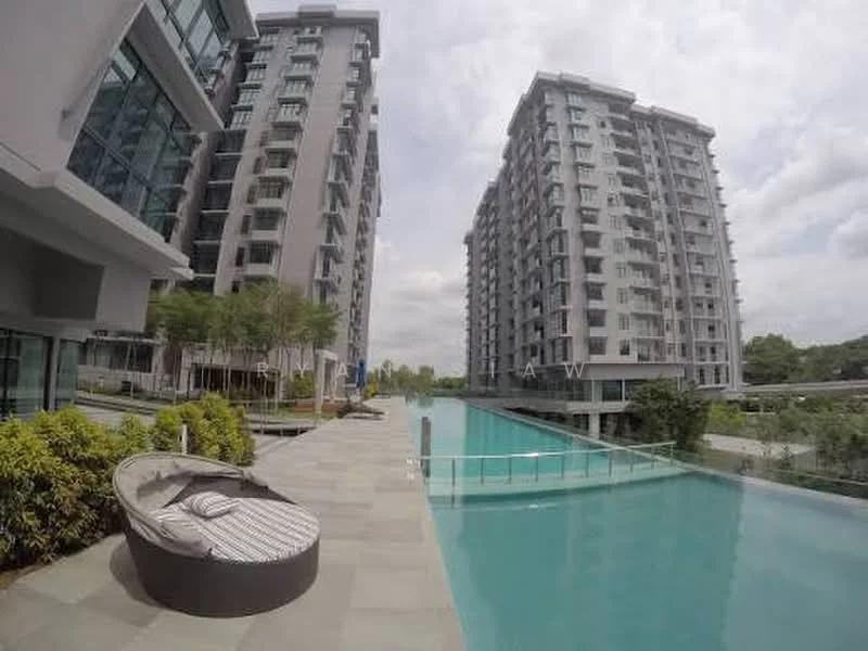 Exterior type: high-rise condominium; features: swimming pool, pool deck with loungers, landscaped garden, modern facade, glass curtain wall, manicured lawn, surrounded by greenery; style: modern.