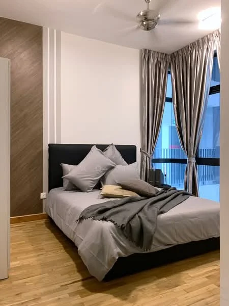Bedroom features: king-size bed, upholstered headboard, grey bedding, decorative pillows, wooden flooring, floor-to-ceiling windows, sheer curtains, dark grey throw blanket, ceiling fan with light, wall-mounted light fixture, accent wall with wood paneling; style: modern.