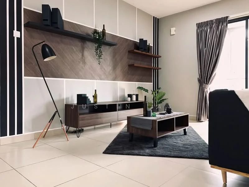 Living features: grey accent wall, wood panel feature wall, shelves on wall, floor-to-ceiling window, curtains, light floor tiles, black floor lamp, wooden TV console, coffee table, area rug, decorative plants, decorative bottles, wall-mounted decor, modern design, minimalist decor; style: modern.