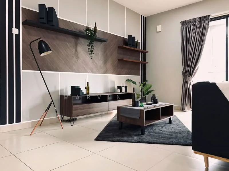 Living features: grey accent wall, white painted walls, wood panel feature wall, floor-to-ceiling windows, curtains, 3-seater sofa, coffee table, area rug with geometric pattern, TV console, decorative plants, shelf units, floor lamp; style: modern.