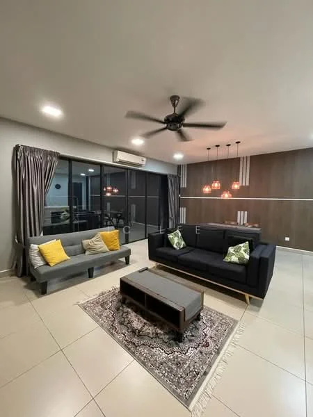 Living features: 3-seater fabric sofa in black, 2-seater fabric sofa in grey, coffee table with wooden top, area rug with intricate pattern, ceiling fan with light, recessed downlights, floor-to-ceiling windows, curtains in grey, wood panel accent wall, hanging pendant lights; style: modern.