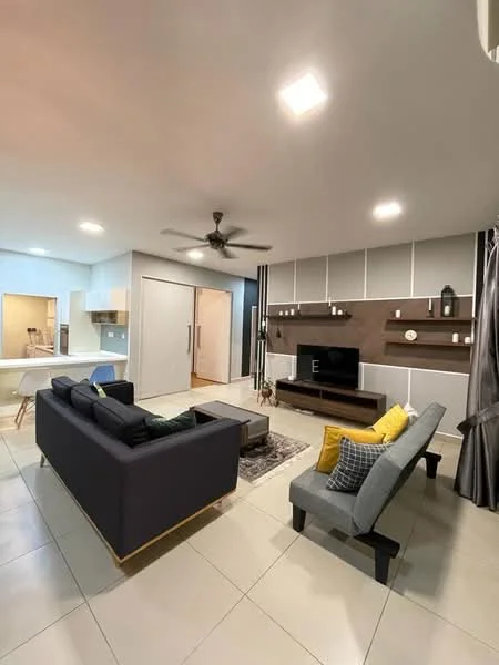 Living features: 3-seater fabric sofa in navy blue, 2-seater fabric sofa in light grey, coffee table with wooden top, wall-mounted TV, TV console in dark wood, area rug with geometric pattern, ceiling fan with light, recessed LED downlights, decorative wall with wood paneling, decorative items on shelves, large windows with grey curtains, tile flooring in light color; style: modern. Room features: open kitchen area visible, white cabinetry, kitchen island with seating, light-colored walls.