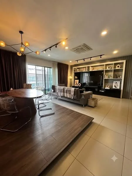 Living features: 3-seater fabric sofa in grey, round dining table, 4 dining chairs, wall-mounted TV, black entertainment unit, built-in shelving with decorative items, floor-to-ceiling windows, curtains in dark brown, recessed downlights, wooden flooring, air conditioning unit; style: modern; view: city.