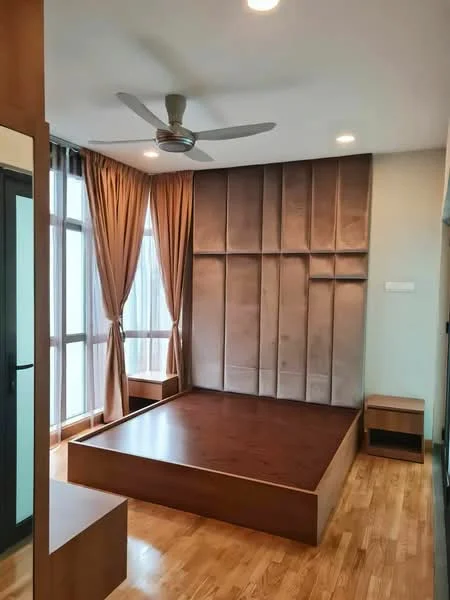 Bedroom features: wooden flooring, brown wooden platform bed, upholstered feature wall, floor-to-ceiling windows, sheer curtains, ceiling fan, built-in bedside table, natural light; style: modern.