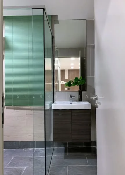 Bathroom features: glass shower enclosure, single-sink vanity with wood cabinet, chrome basin mixer faucet, framed mirror, tile flooring, green window blinds, wall-mounted storage cabinet, decorative plant, recessed downlights; style: modern.