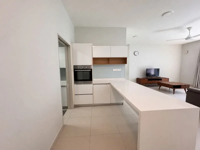 Kitchen features: white quartz countertop, white cabinetry with flat-panel doors, built-in oven, stainless-steel microwave, single-bowl stainless-steel sink, chrome pull-down faucet, pendant light, recessed downlights, tile flooring, open layout to living area, wall-mounted clock; style: modern. Living features: wall-mounted TV, wooden coffee table, sofa, floor-to-ceiling windows, curtains, ceiling fan; style: modern.
